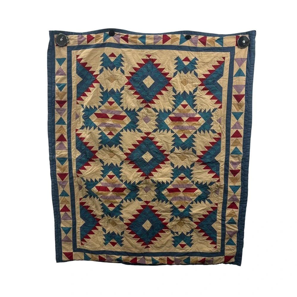 American Pacific Southwestern Geometric Cotton Quilt Wall Hanging Blue Red Tan